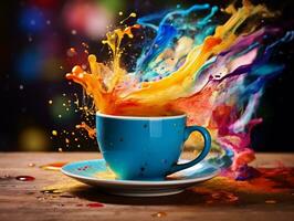 Colorful splashed in coffee cup sitting on table AI Generative photo