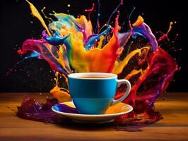 Colorful splashed in coffee cup sitting on table AI Generative photo