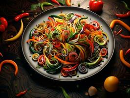 Plate of fried vegetables with peppers in it AI Generative photo