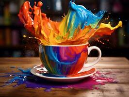 Colorful splashed in coffee cup sitting on table AI Generative photo