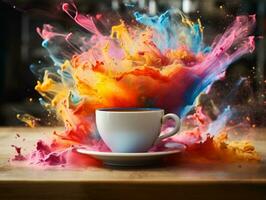 Colorful splashed in coffee cup sitting on table AI Generative photo