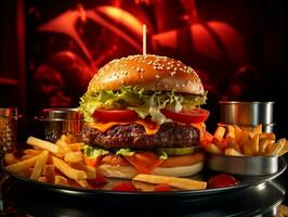 Juicy burger on hot plate with fries and tomato sauce AI Generative photo