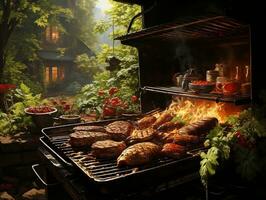 Barbecue food BBQ hamburger grill ribs steak AI Generative photo