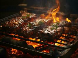 Barbecue food BBQ hamburger grill ribs steak AI Generative photo