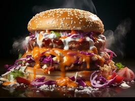 Large burger with large cheese and onion AI Generative photo