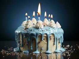 Blue and white birthday cake with a single candle on a blue background AI Generative photo