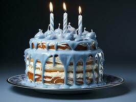 azul y blanco cumpleaños pastel con un soltero vela en un azul antecedentes ai generativo foto