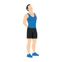 Man doing neck stretch while standing and looking up exercise. vector