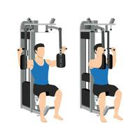 Man doing Machine bent arm chest fly exercise. Butterflies, pec deck, seated machine flyes. vector