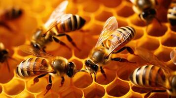 Close up view of the working bees on honey cells. Generative AI photo