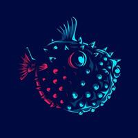 Puffer fish logo with colorful neon line art design with dark background. Abstract underwater animal vector illustration.