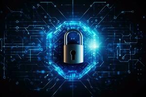 Cyber security concept. Lock and connection network symbol on blue background. Generative AI photo