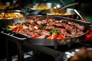 Catering buffet food indoor in restaurant with grilled meat. Generative AI photo