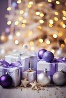 White and purple Christmas balls and Christmas gift boxes. photo