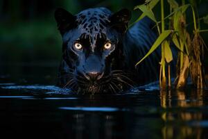 Mysterious black jaguar in the jungle crossing the river. Generative AI photo