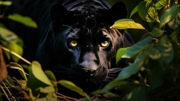 Mysterious black jaguar in the jungle. Generative AI photo