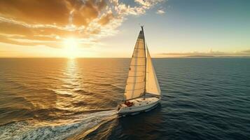 Yacht sailing in an open sea at sunset. Generative AI photo