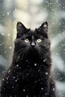 Furry black cat in winter with falling snow. Generative AI photo