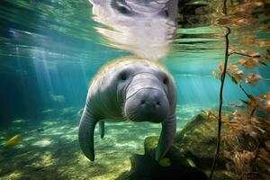Florida manatí en claro agua. generativo ai foto