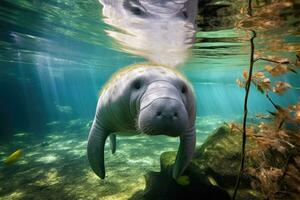 Florida manatee in clear water. Generative AI photo