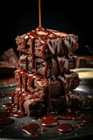 Stack of chocolate brownies with chocolate sauce. Generative AI photo
