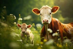 A rural scene with a cow and a calf in a green meadow. Generative AI photo