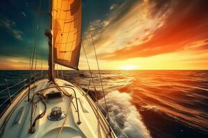 Yacht sailing in an open sea at sunset. Generative AI photo