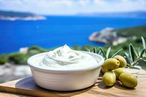 Close up view of tzatziki on Greek table, sea in background. Generative AI photo