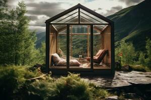 Modern wellness retreat in the mountains, wooden cabins. Generative AI photo