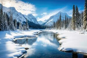 Winter landscape of snowy mountains with lake and pine trees. Generative AI photo