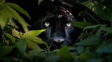 Mysterious black panther in the jungle. Generative AI photo