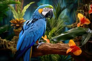 Blue scarlet macaw parrot in jungle. Generative AI photo