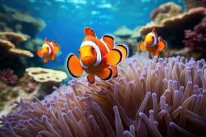 Amphiprion ocellaris clownfish and anemone in sea. Generative AI photo