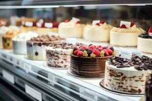 Various cakes in a shop window for sale. Generative AI photo