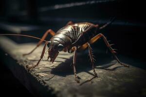 un cerca - arriba de un cucaracha en urbano callejón. generativo ai foto