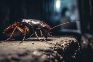 A close - up of a cockroach in urban alley. Generative AI photo