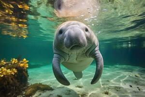 Florida manatee in clear water. Generative AI photo