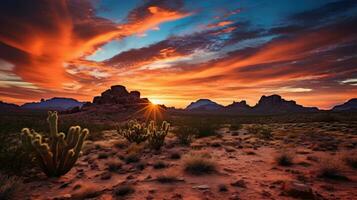 salvaje Oeste Texas Desierto paisaje con puesta de sol con montañas y cactus generativo ai foto