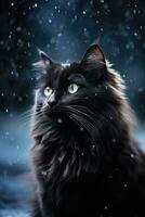 Furry black cat in winter with falling snow. Generative AI photo