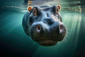 A massive hippopotamus submerged in a clear river. Generative AI photo