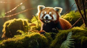 rojo panda encaramado en un cubierto de musgo rama en bosque. generativo ai foto