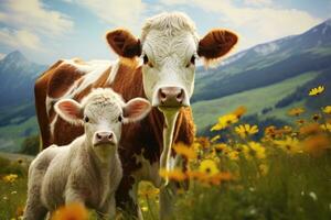 un rural escena con un vaca y un becerro en un verde prado. generativo ai foto