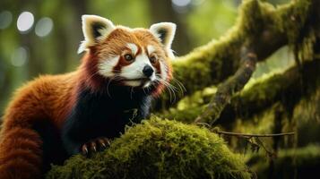 rojo panda encaramado en un cubierto de musgo rama en bosque. generativo ai foto