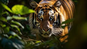 Portrait of Sumatran tiger in a jungle, Panthera tigris sumatrae. Generative AI photo