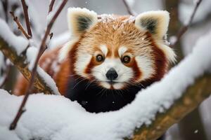 Red panda in snow covered tree. Generative AI photo