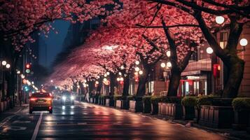 A bustling Tokyo street at night and cherry blossoms in full bloom along the avenue. Generative AI photo