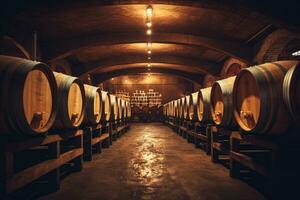 Wooden oak barrels for wine in the cellar. Generative AI photo