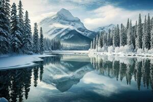 Winter landscape of snowy mountains with lake and pine trees. Generative AI photo