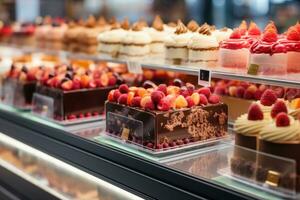 Assorted cakes in a shop window for sale. Generative AI photo