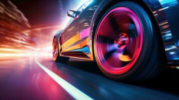 Close - up of wheel of sports car racing. Generative AI photo